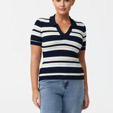 Polo Knit Top - Navy Stripe