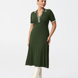 Zip Polo Knit Dress - Moss/White