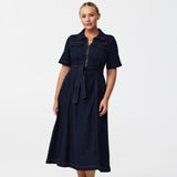 Short Sleeve Zip Denim Dress - Indigo