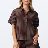 Linen Blend Short Sleeve Shirt - Chocolate Stripe