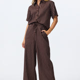 Linen Blend Drawstring Pants - Chocolate Stripe