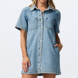 Denim Short Sleeve Mini Dress - Mid Blue Wash