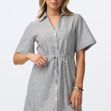 Short Sleeve Drawstring Mini Dress - White/Navy Stripe