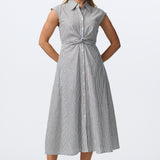 Cap Sleeve Knot Shirt Dress - White/Navy Stripe