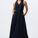 V Neck Tie Maxi Dress - Navy Polka Dot