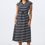 Cap Sleeve Drawstring Jersey Dress - Navy/White Stripe