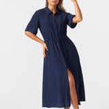 Textured Drawstring Dress - Navy