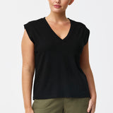 V-Neck Cap Sleeve Jersey Tank - Black