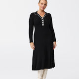 Half Placket Long Sleeve Knit Dress - Black