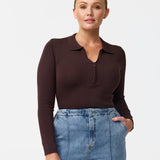 Zip Polo Knit Top - Dark Chocolate