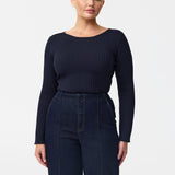 Long Sleeve Boat Neck Knit Top - Navy