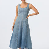 Denim Panelled Midi Dress - Mid Blue Wash