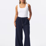Denim Wide Leg Drawstring Pants - Indigo