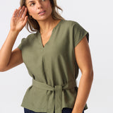 Cap Sleeve Tie Blouse - Khaki