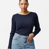 Long Sleeve Boat Neck Knit Top - Navy
