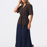 Textured Short Sleeve Tie Shirt - Dark Chocolate