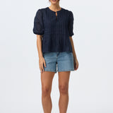 Pintuck Short Sleeve Top - Navy