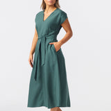 Cap Sleeve Tie Midi Dress - Emerald