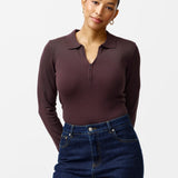 Zip Polo Knit Top - Dark Chocolate