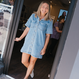 Denim Short Sleeve Mini Dress - Mid Blue Wash