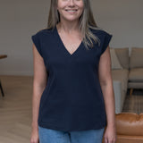 V Neck Cap Sleeve Jersey Tank - Navy (Pre Order)