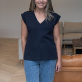 V Neck Cap Sleeve Jersey Tank - Navy (Pre Order)