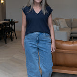 V Neck Cap Sleeve Jersey Tank - Navy (Pre Order)