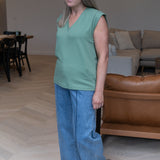V Neck Cap Sleeve Jersey Tank - Dusty Jade (Pre Order)