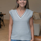 V Neck Cap Sleeve Jersey Tank - White / Navy Stripe (Pre Order)