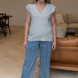 V Neck Cap Sleeve Jersey Tank - White / Navy Stripe (Pre Order)