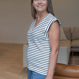 V Neck Cap Sleeve Jersey Tank - White / Navy Stripe (Pre Order)