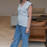 V Neck Cap Sleeve Jersey Tank - White / Navy Stripe (Pre Order)