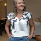 V Neck Cap Sleeve Jersey Tank - White / Navy Stripe (Pre Order)