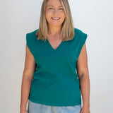 V Neck Cap Sleeve Jersey Tank - Teal