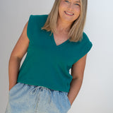 V Neck Cap Sleeve Jersey Tank - Teal