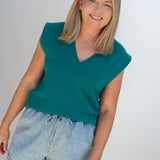 V Neck Cap Sleeve Jersey Tank - Teal