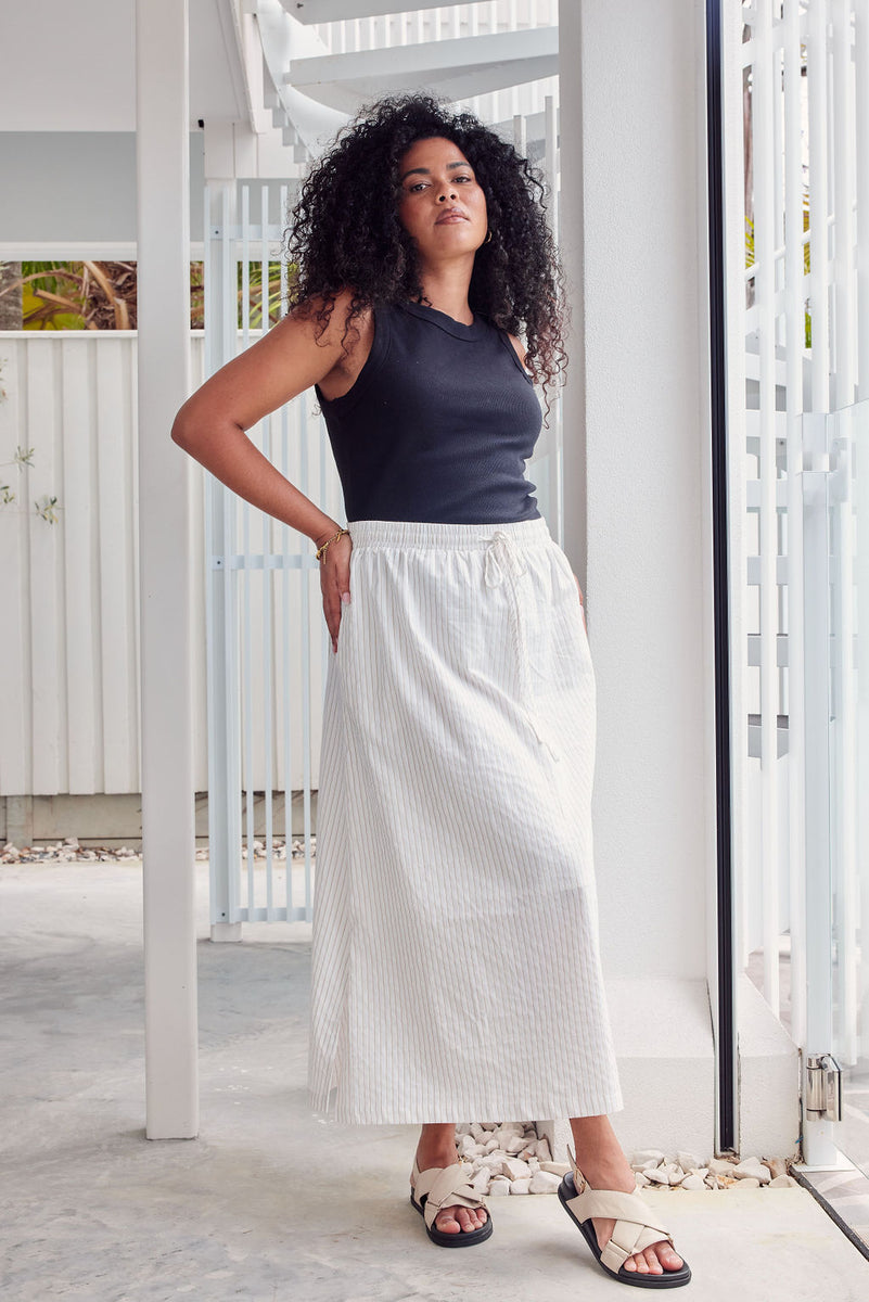 Drawstring Midi Skirt - White/Beige Stripe – Serafina