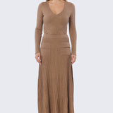 V Neck Long Sleeve Ribbed Top - Biscuit Marl