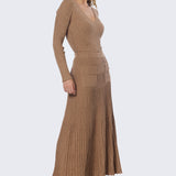 V Neck Long Sleeve Ribbed Top - Biscuit Marl