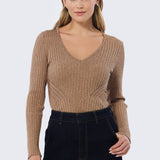 V Neck Long Sleeve Ribbed Top - Biscuit Marl