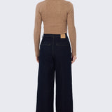V Neck Long Sleeve Ribbed Top - Biscuit Marl