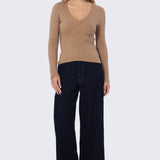V Neck Long Sleeve Ribbed Top - Biscuit Marl
