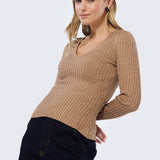 V Neck Long Sleeve Ribbed Top - Biscuit Marl