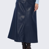 Vegan Leather A-Line Skirt - Navy