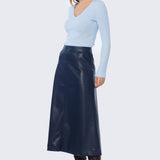 Vegan Leather A-Line Skirt - Navy