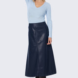Vegan Leather A-Line Skirt - Navy