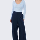 V Neck Long Sleeve Ribbed Top - Sky Blue Marl