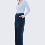 V Neck Long Sleeve Ribbed Top - Sky Blue Marl