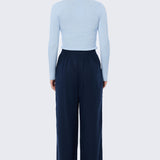 V Neck Long Sleeve Ribbed Top - Sky Blue Marl