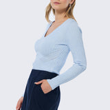 V Neck Long Sleeve Ribbed Top - Sky Blue Marl